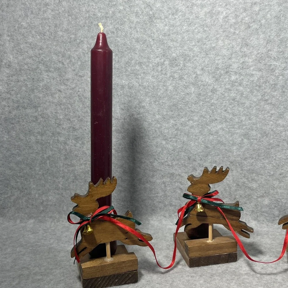 Vintage Christmas Around the World Wood Sleigh Reindeer Taper Candle Holders Set